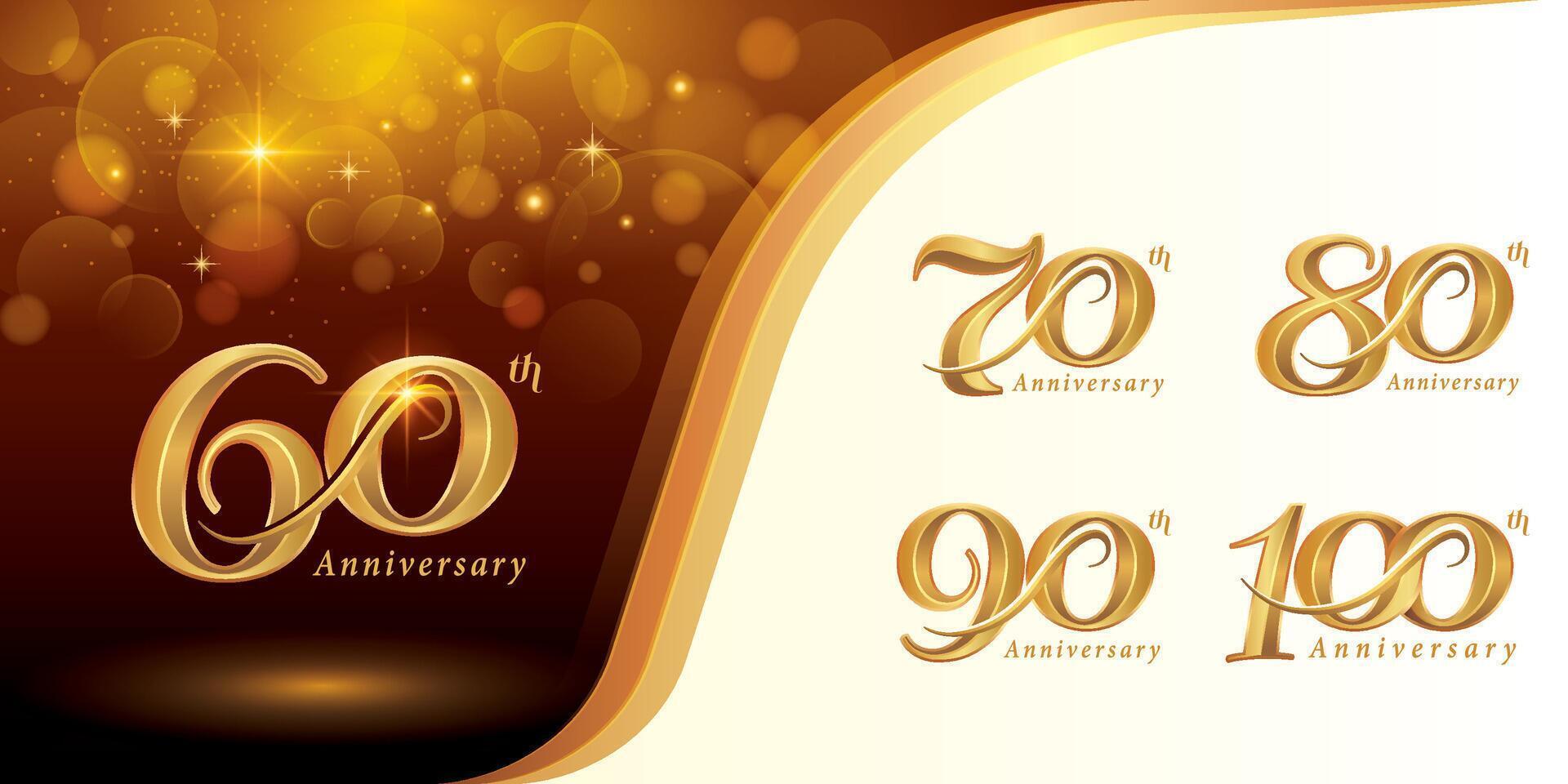 Set of 60 to 100 years Anniversary logotype design, Sixty to Hundred years Celebrating Anniversary Logo,  Gold Elegant Classic Logo for Celebration, vector