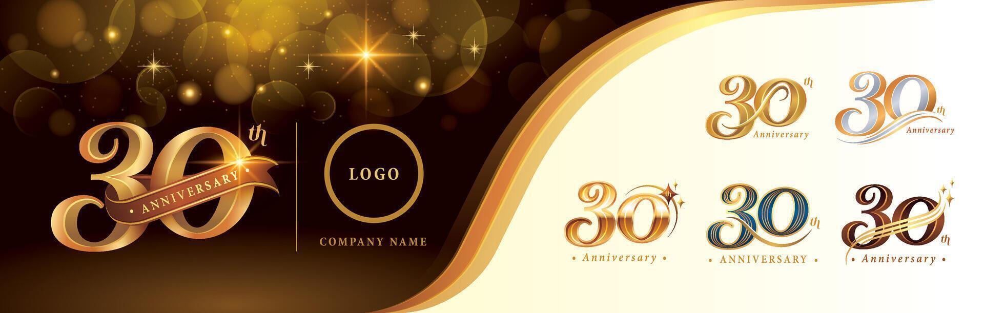 conjunto de 30 aniversario logotipo diseño, treinta años aniversario celebracion logo, dorado lujo y retro serif número 30 letras vector