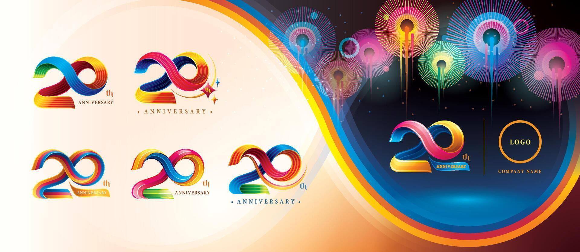 conjunto de Vigésimo aniversario vistoso logotipo diseño, veinte años celebracion logo. resumen giro infinito múltiple línea vistoso para evento, invitación, veinte año retorcido infinito logo número vector