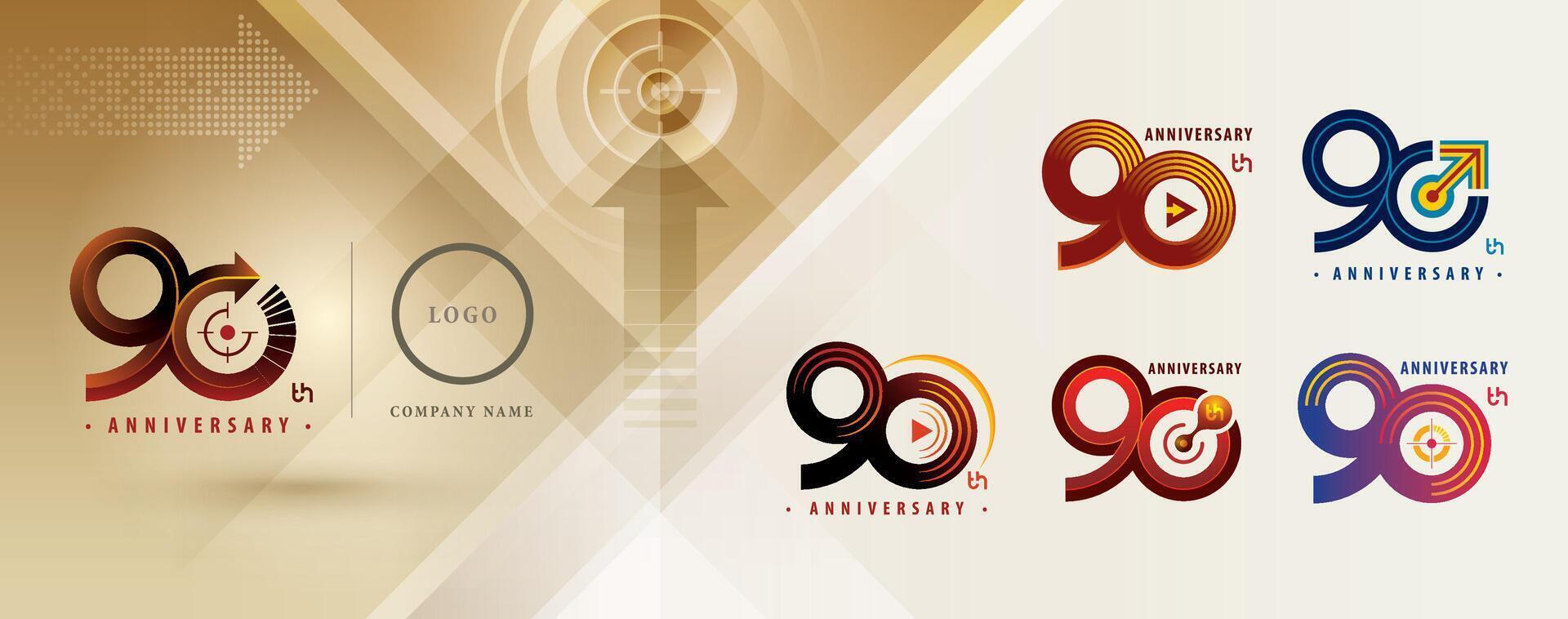 Set of 90th Anniversary logotype design, Ninety years Celebrating Anniversary Logo multiple line for celebration, Play Arrow, Target Sign logo, vector