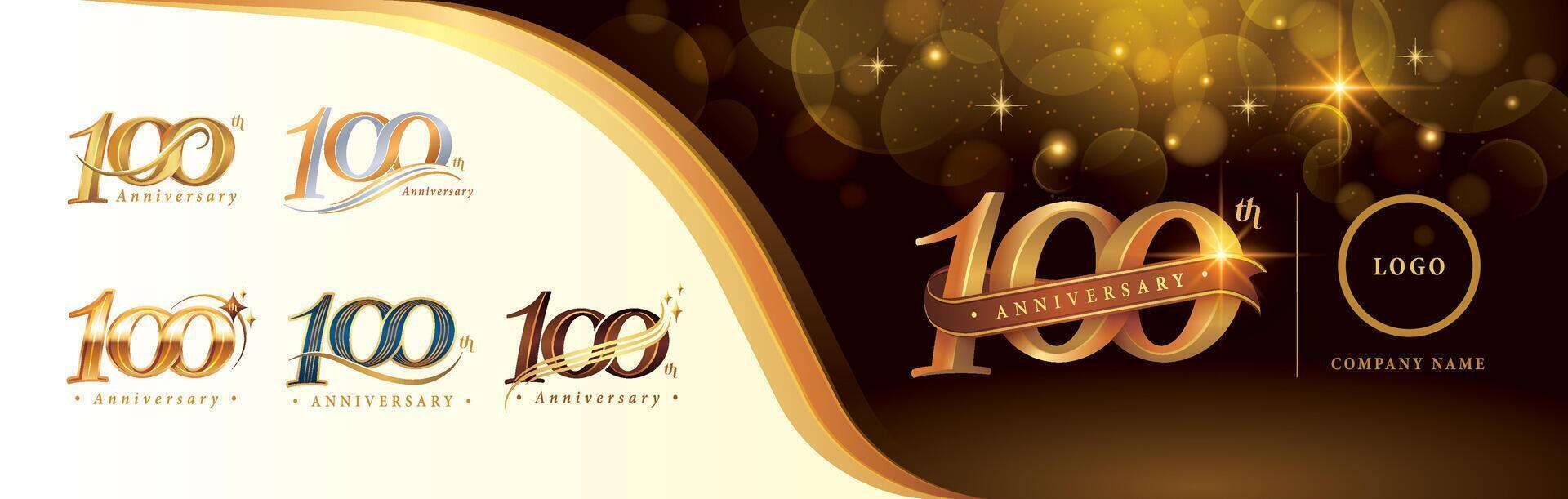 conjunto de Centésimo aniversario logotipo diseño, cien años aniversario celebracion logo, dorado lujo y retro serif número 100 letras vector