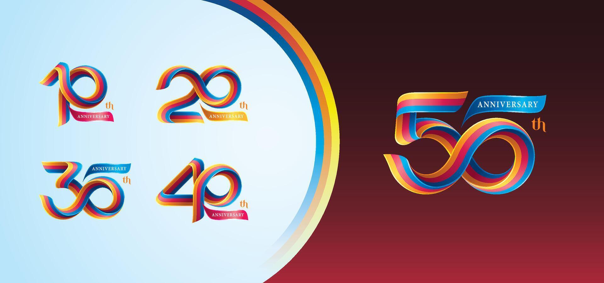 conjunto de 10 a 50 años aniversario vistoso logotipo diseño, 10,20,30,40,50 año, resumen giro infinito múltiple línea arco iris cinta. vector