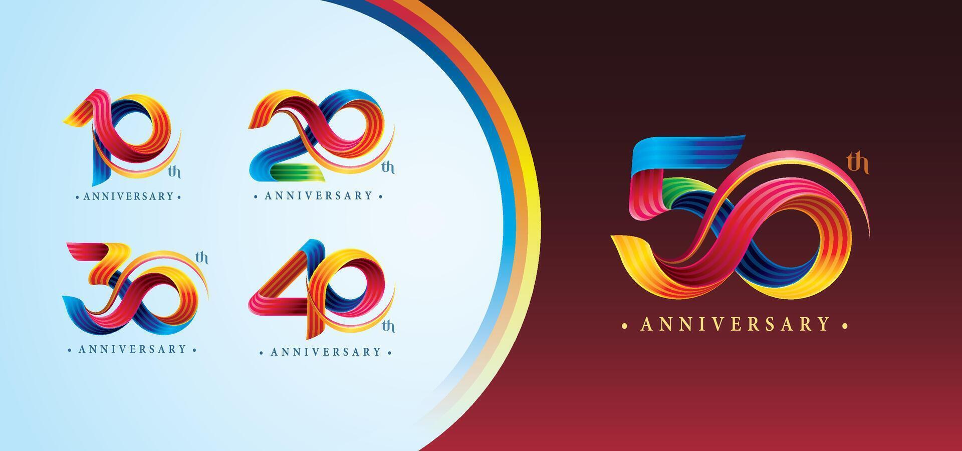 conjunto de 10 a 50 años aniversario vistoso logotipo diseño, 10,20,30,40,50 año, resumen giro infinito Tres línea vistoso curvo. vector