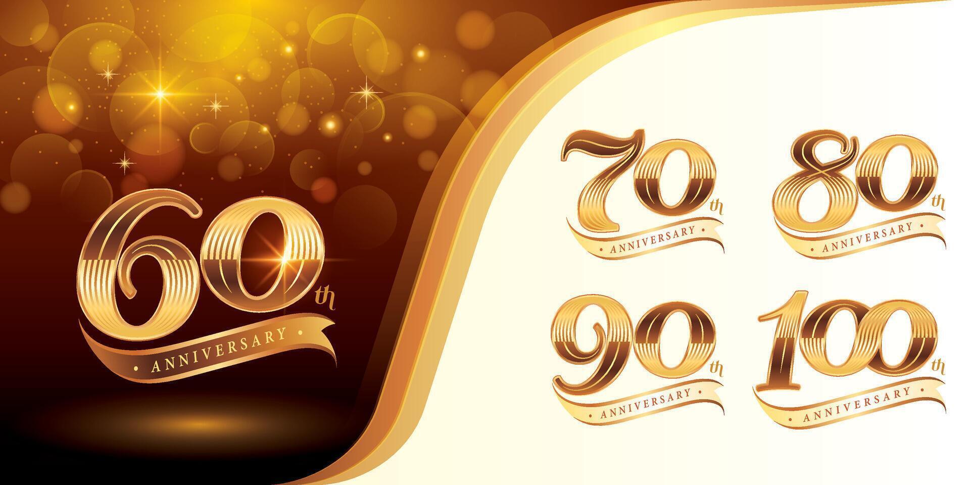 Set of 60 to 100 years Anniversary logotype design, Sixty to Hundred years Celebrating Anniversary Logo, Luxury Golden Elegant Classic Logo Celebration with Ribbon vector