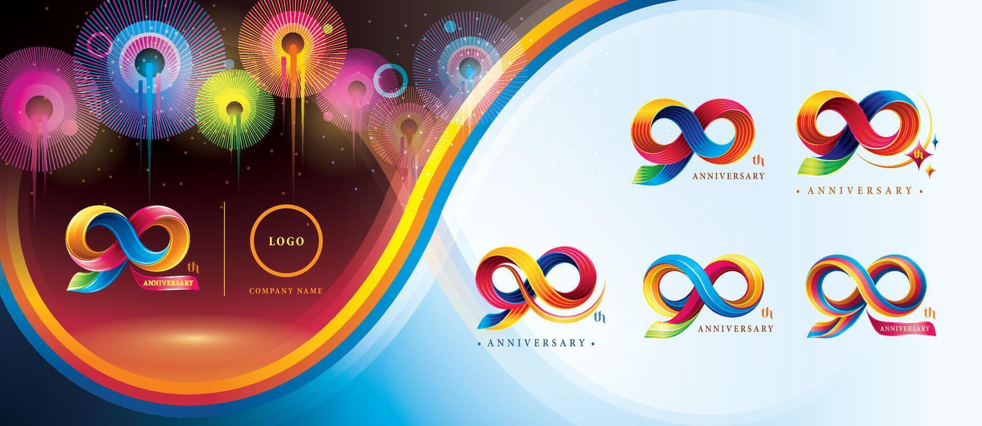 Set of 90th Anniversary Colorful logotype design, Ninety years celebration Logo. Abstract Twist Infinity multiple line Colorful vector