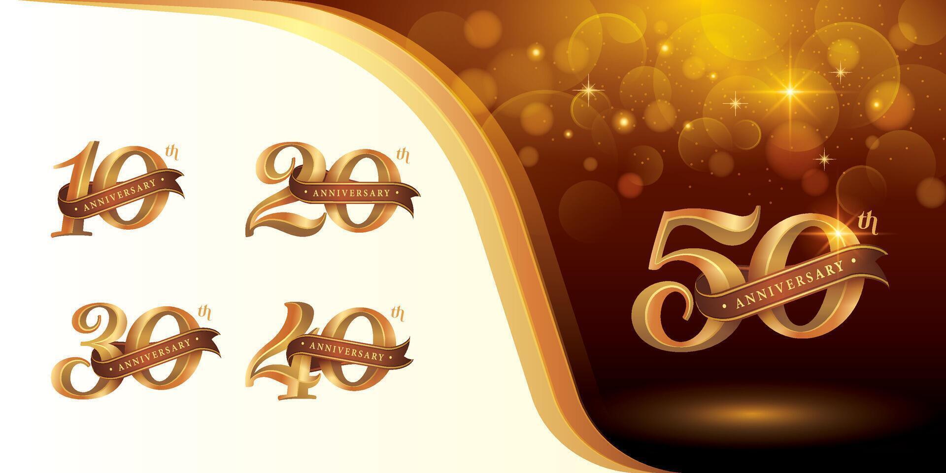conjunto de 10 a 50 años aniversario logotipo diseño, diez a cincuenta años celebrando aniversario logo, oro elegante clásico logo celebracion con cinta, vector