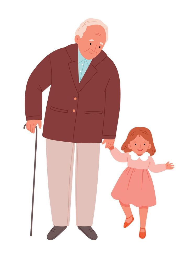 Cute little girl holding his grandfathers hand while walking vector