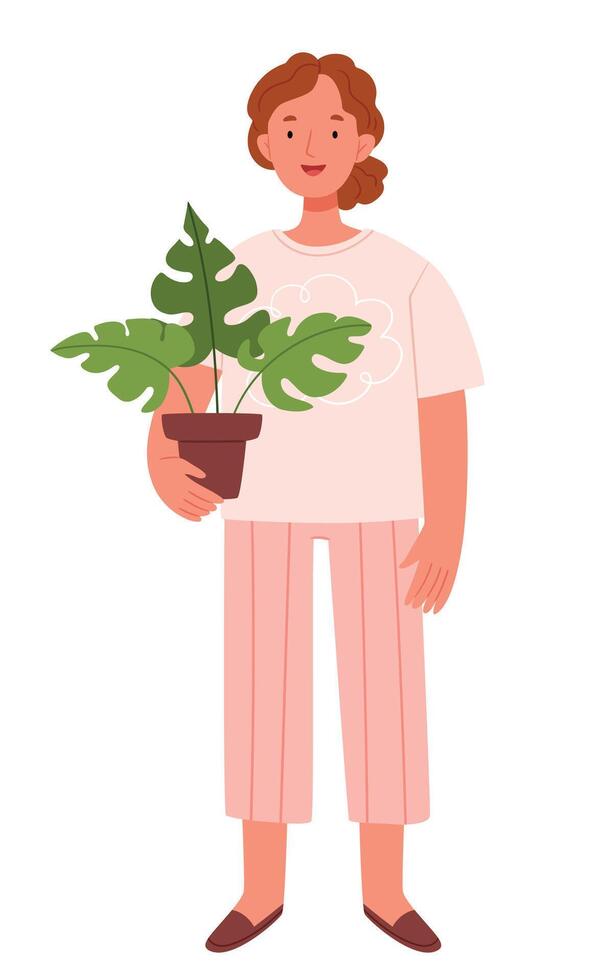 A gardener girl with a pot of a houseplant in her hands. Monstera. vector