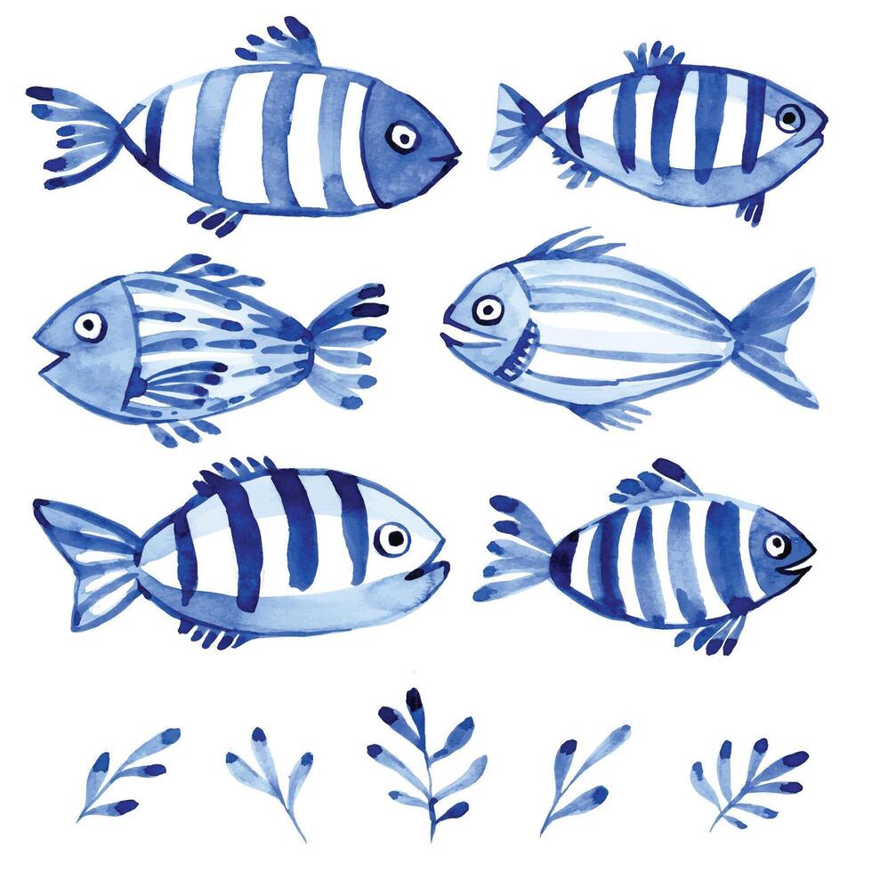 watercolor set with fish. children's simple drawing blue fish on a white background. doodle vector