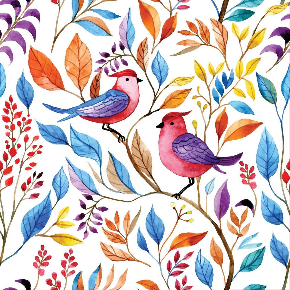 cute watercolor pattern with colored birds in the garden. seamless print with leaves and flowers vector