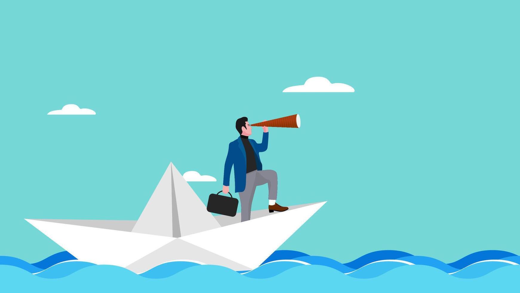 Illustration of a businessman sailing on a paper boat while scouting for business opportunities using a telescope, business opportunities vector