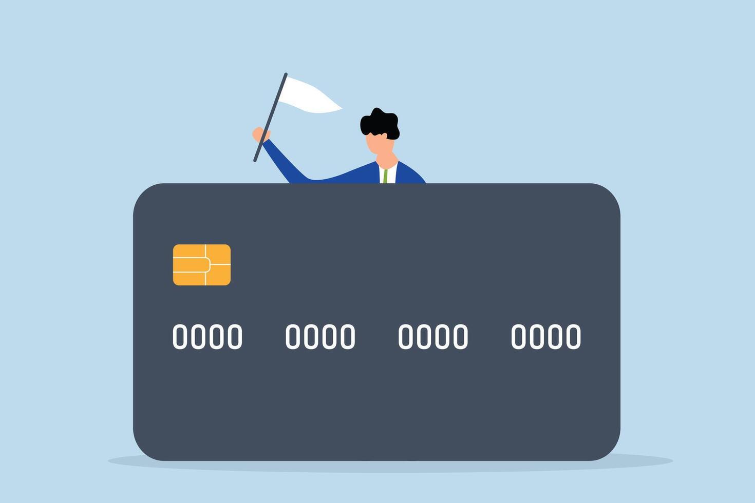 crédito tarjeta deuda compromiso, arruinado hombre se rinde su posición y olas el blanco bandera detrás grande crédito tarjeta deuda. vector
