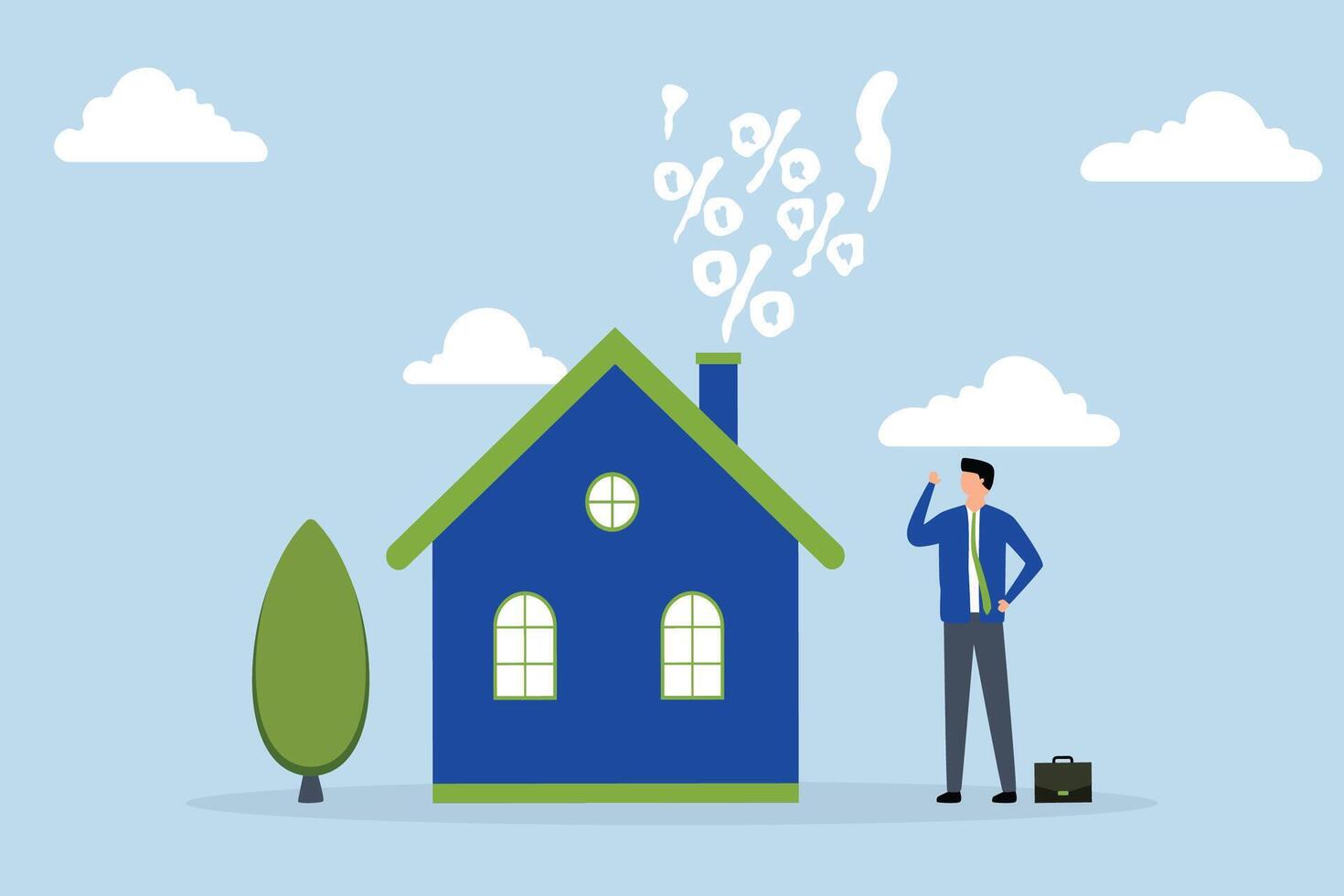 Real estate and housing mortgage rates, businessman home owner looks at  smoke rising from fireplace of  house vector