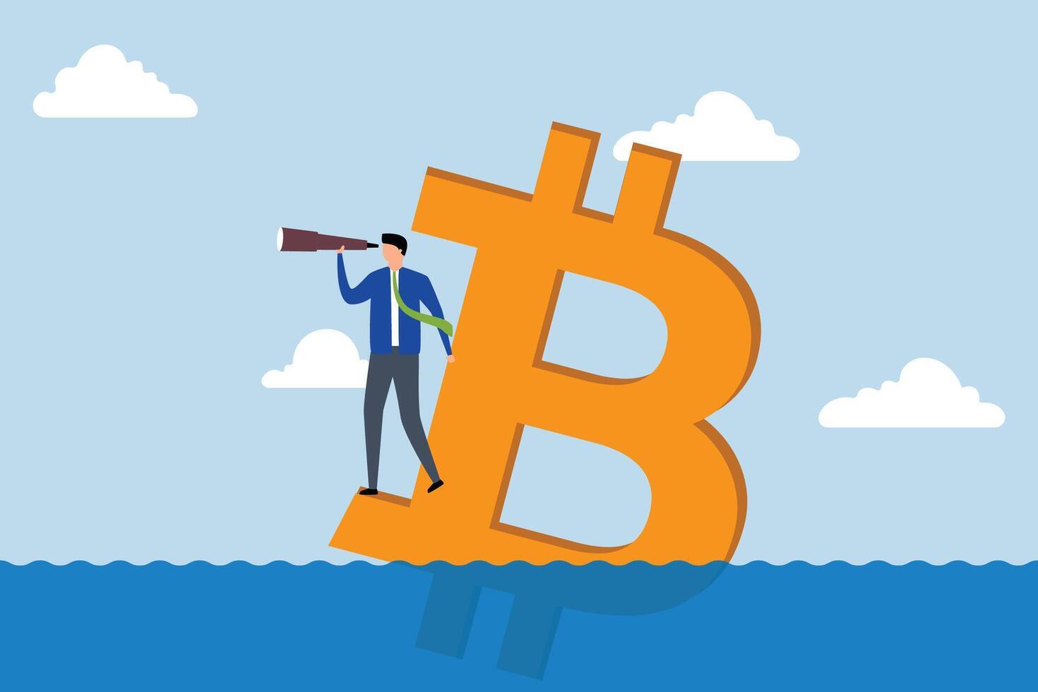 Bitcoin price down, investor stands with telescope sinking bitcoin symbol to see the future. vector