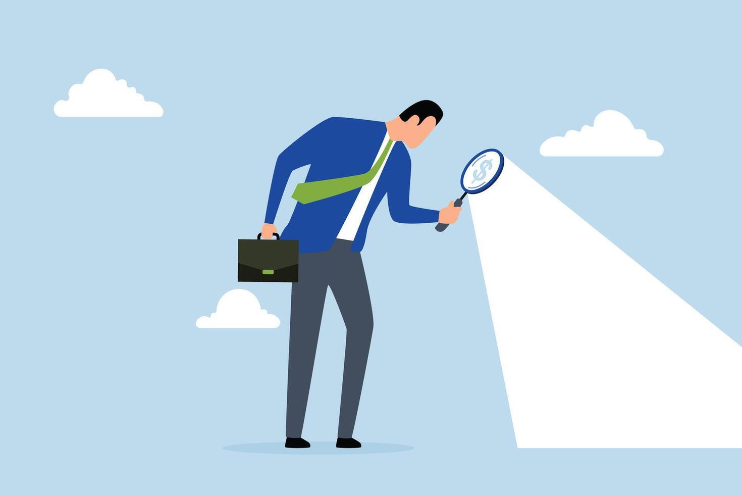 Searching for investment opportunity, businessman looks through magnifying glass to see dollar looking for money. vector
