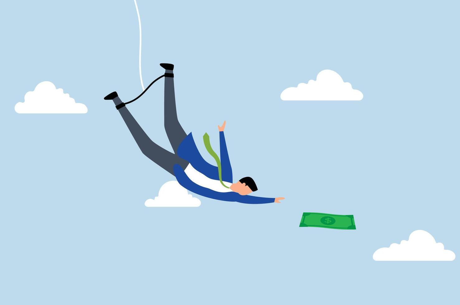 Investment risk, shrewd confident businessman bungee jumping to grab money. vector