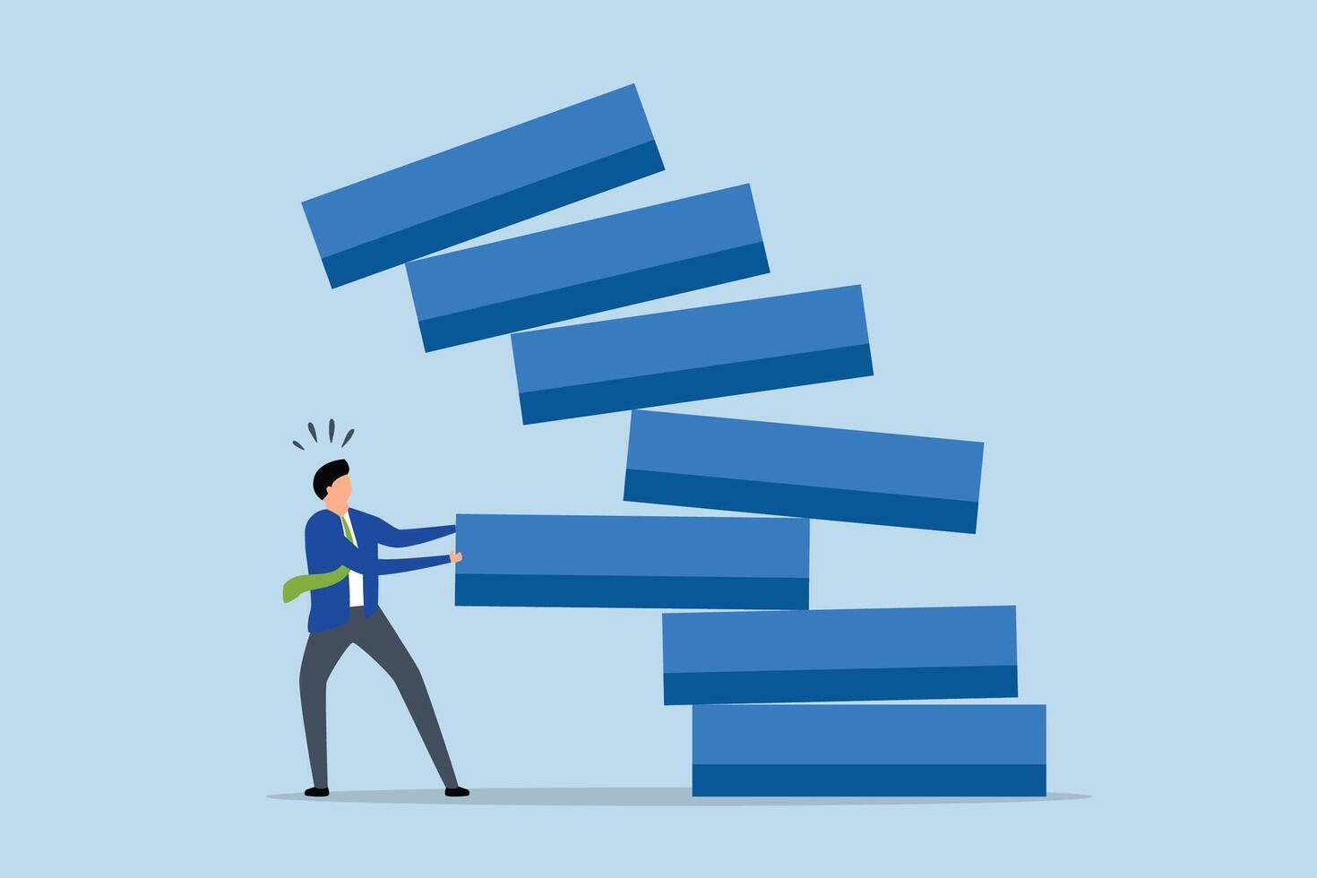 Investment risk, businessman pulling block of wood from falling pile. vector