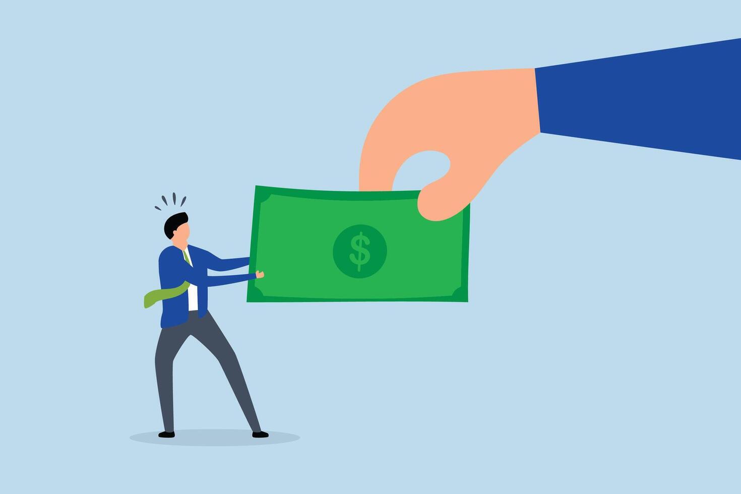 Fight for money, large hand with small businessman pulling banknote. vector