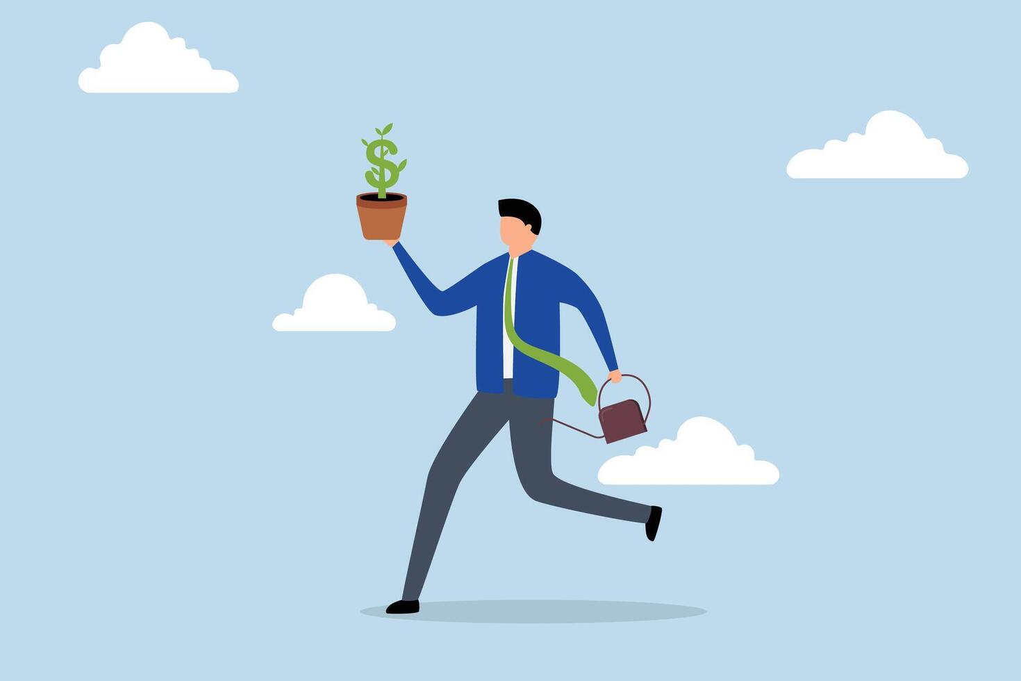 Investing in growth stock, happy businessman running with dollar plant and watering can of plant cultivation. vector