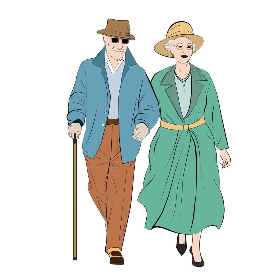 happy elderly couple walking color line art vector