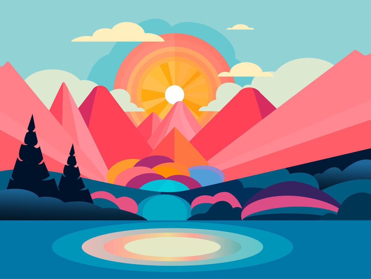 stylized vector landscape mountain lake