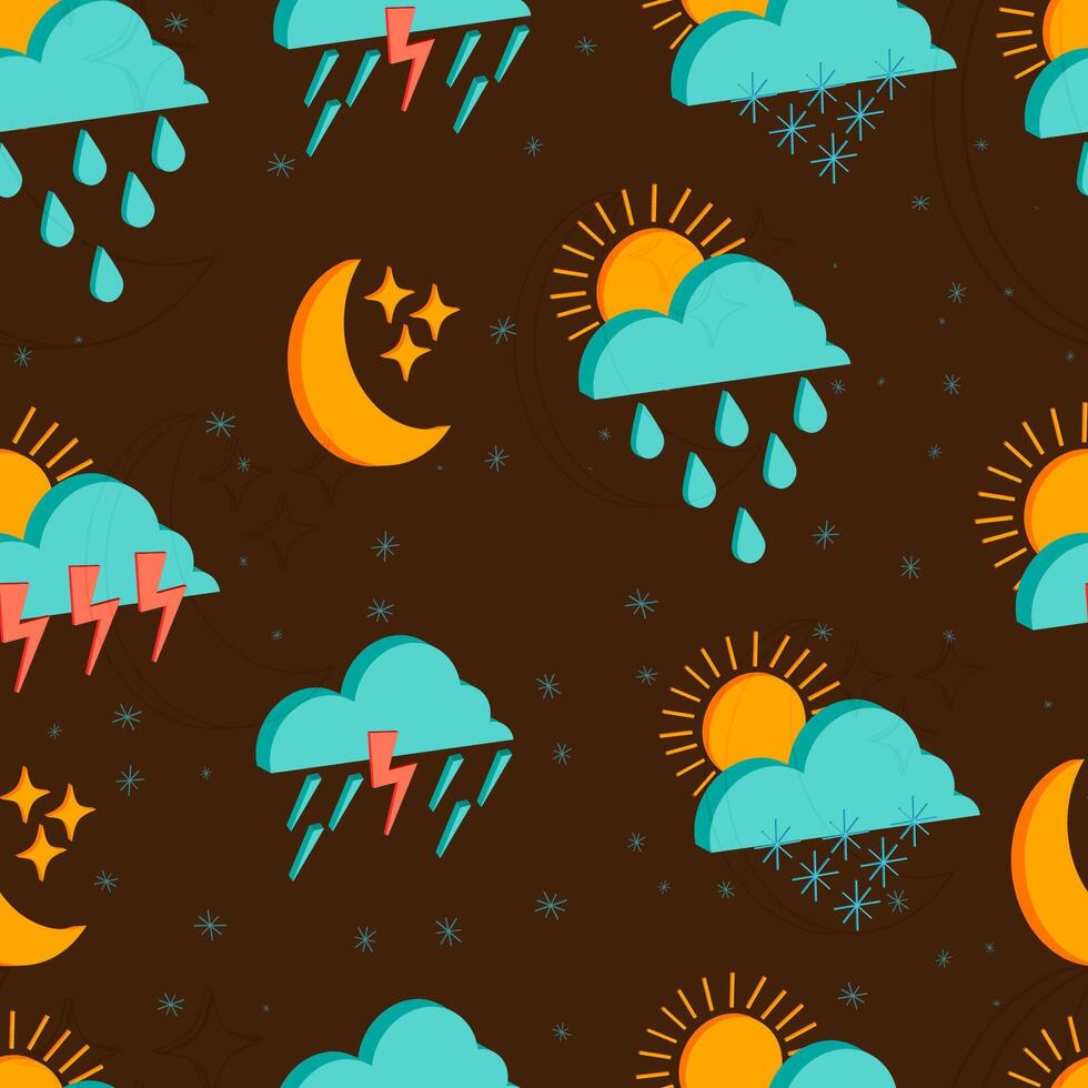 Seamless pattern of isolated 3d weather icons on brown background vector