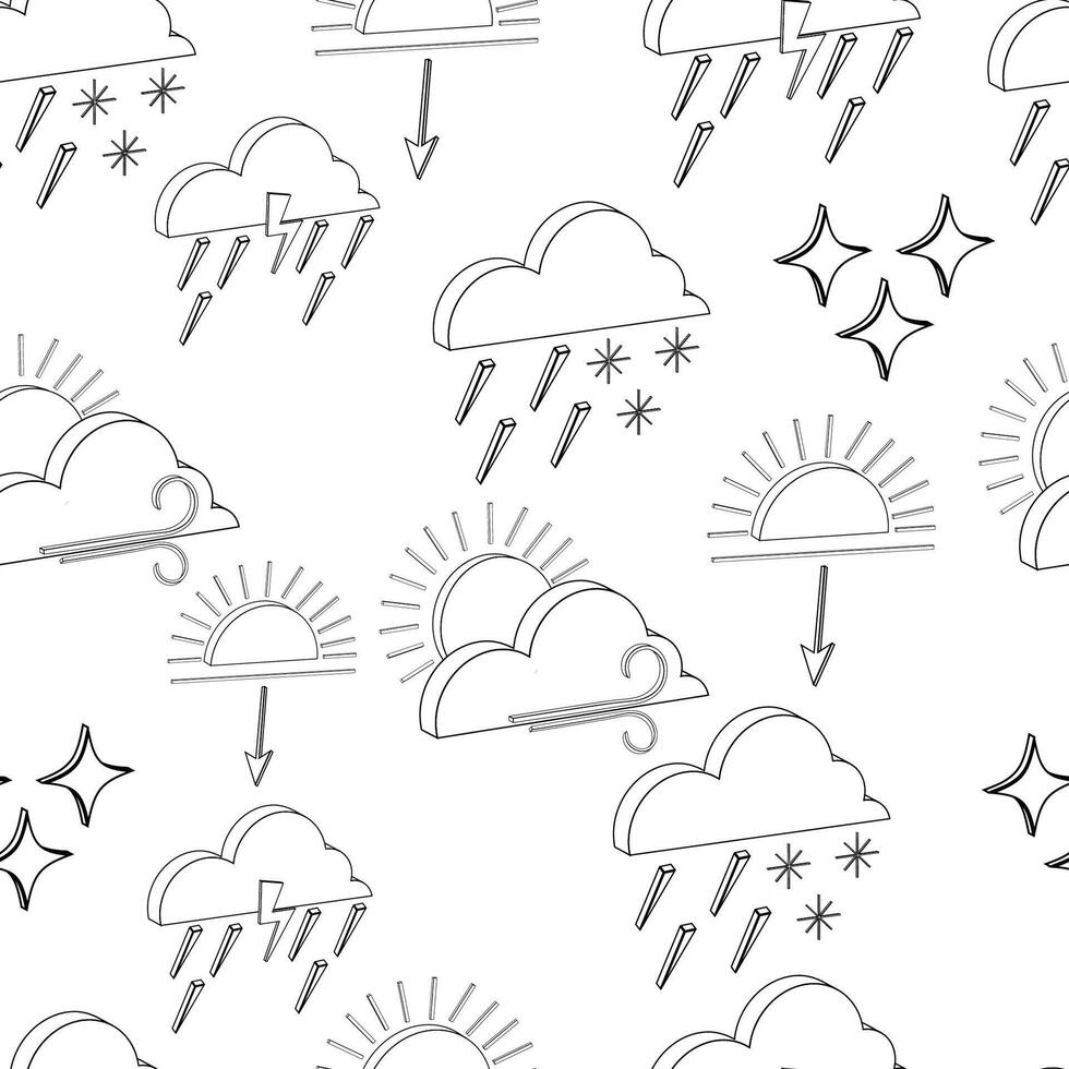 Seamless pattern of isolated black contour 3d weather icons on white background vector