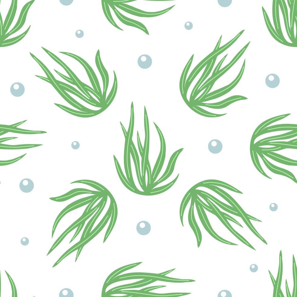 Hand-drawn colored underwater sea weed seamless pattern, laminaria spirulina seaweed in flat style. Water element. Ocean vector illustration. Sea collection.