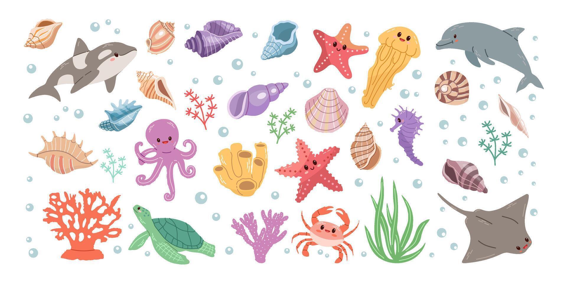 Sea animals. Hand-drawn sea life creatures and elements. Vector doodle cartoon set of marine life objects. Flat illustration on white background. Collection for stickers.