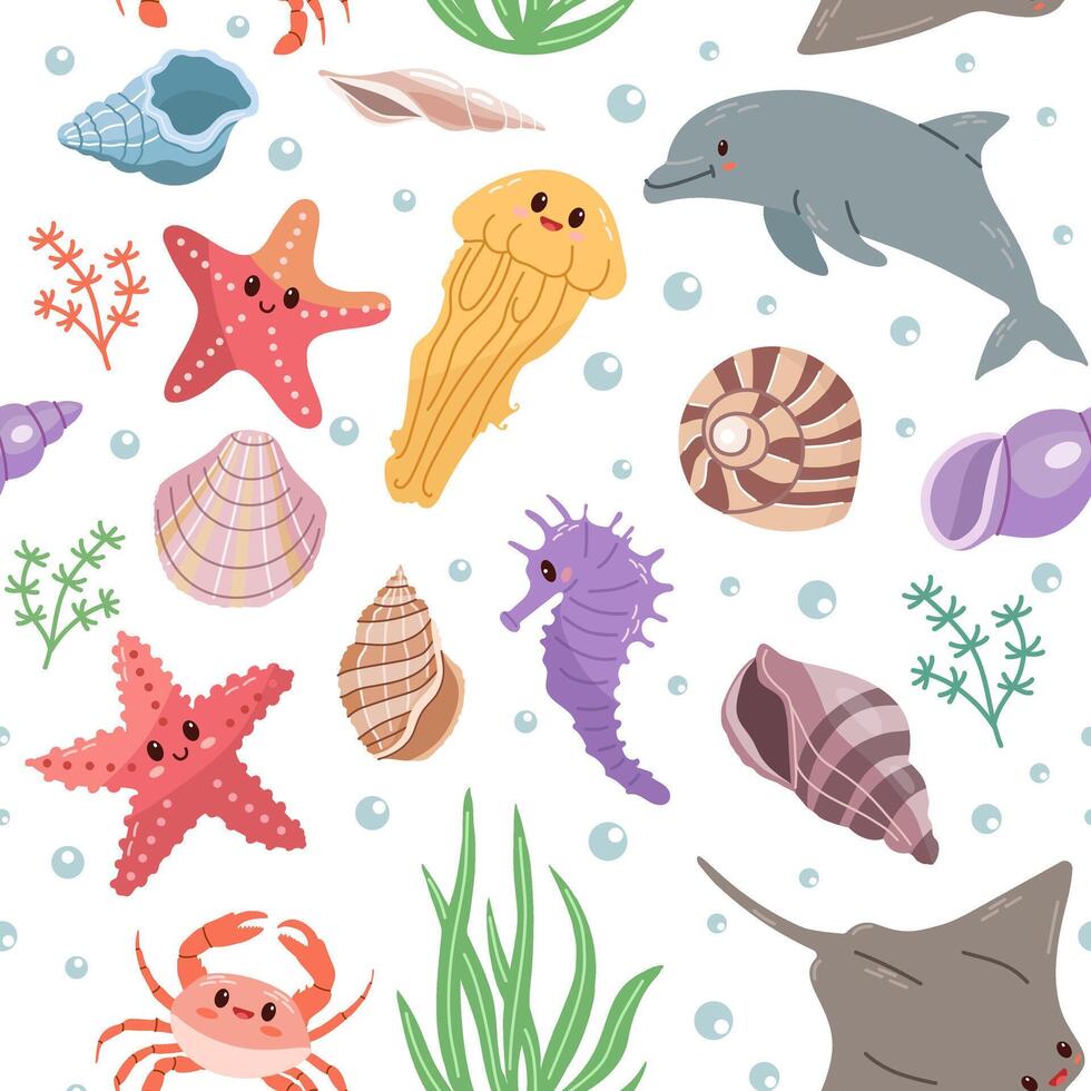 mar animales sin costura modelo de dibujado a mano mar vida criaturas y elementos. vector garabatear dibujos animados conjunto de marina vida objetos. plano ilustración en blanco antecedentes. colección para pegatinas