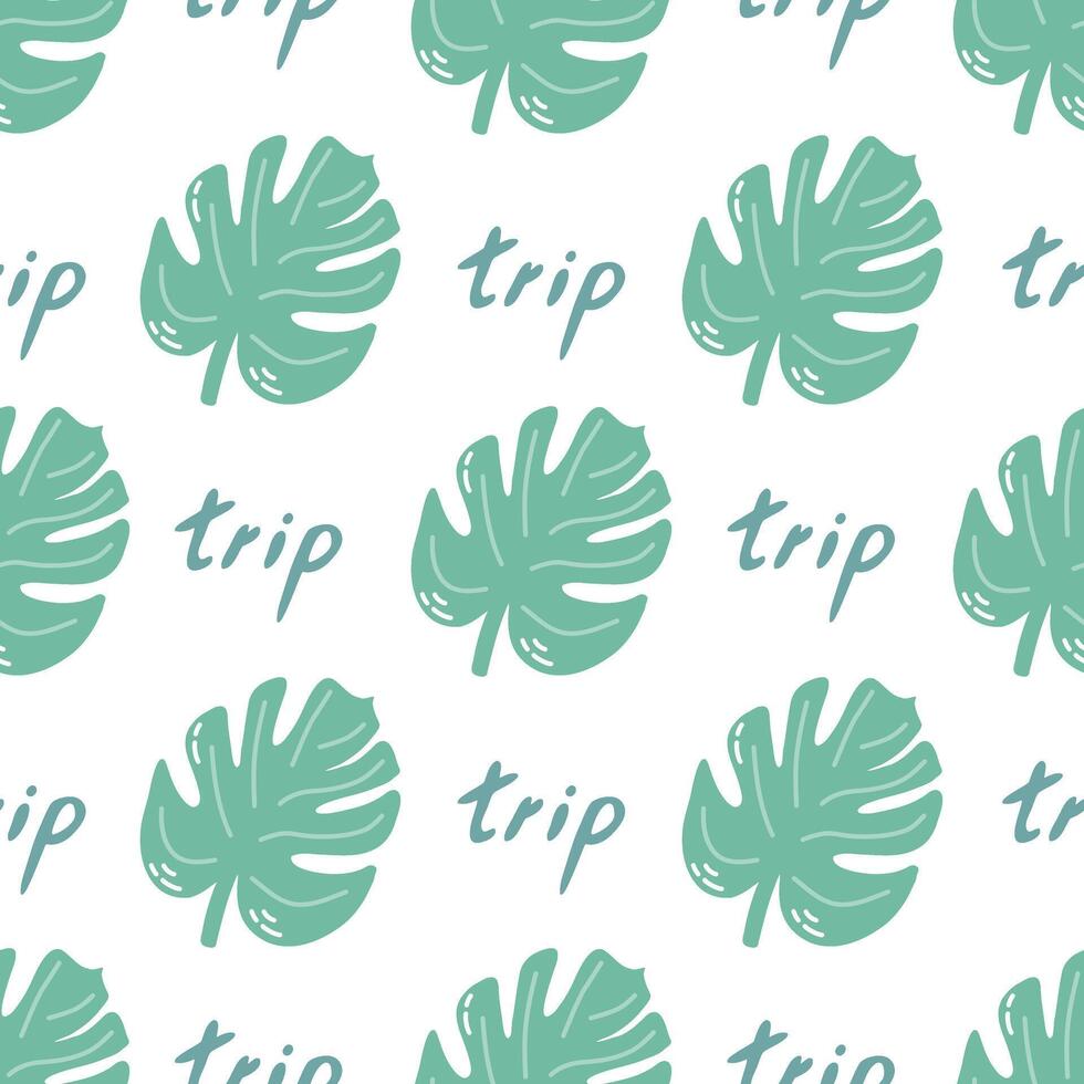 Cute hand drawn tropical plant leaf seamless pattern. Flat vector illustration. Doodle drawing.