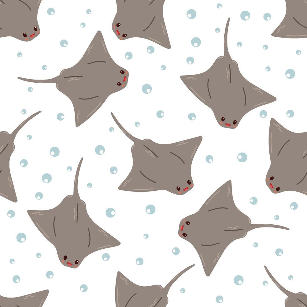 Cute hand-drawn colored stingray, seamless pattern in flat style, ocean aquatic underwater kawaii vector. Vector cartoon illustration on white background.