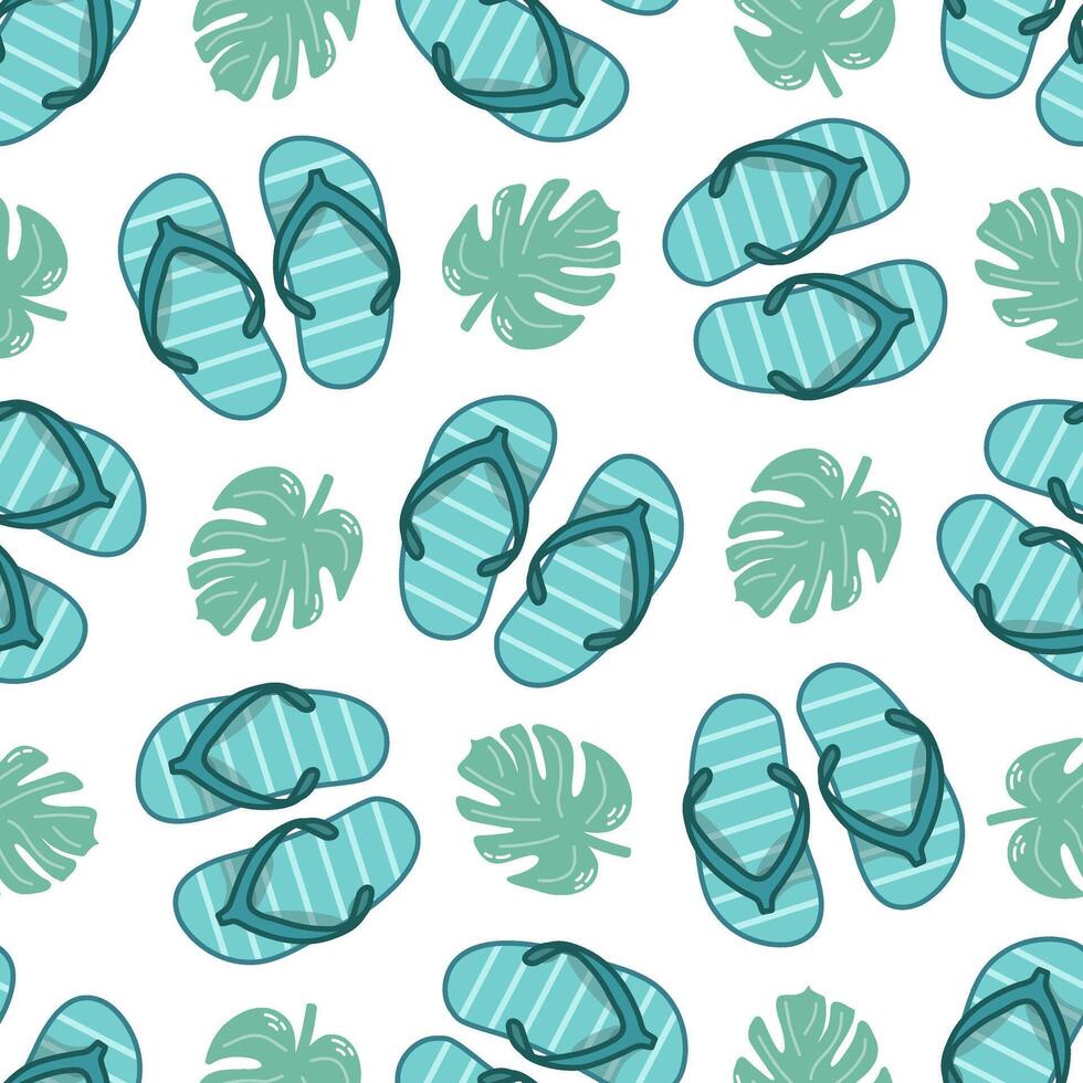 Cute hand drawn flip flops and plant leaf seamless pattern. Flat vector illustration. Doodle drawing.