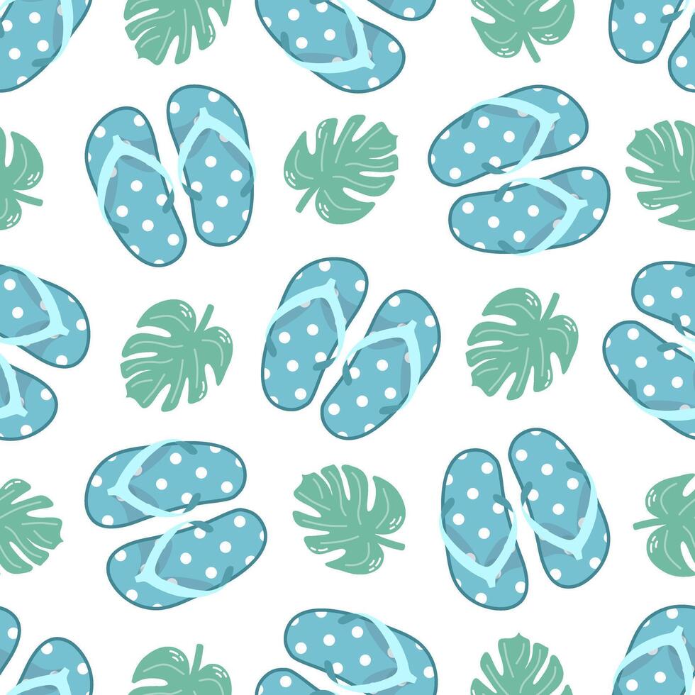 Cute hand drawn flip flops and plant leaf seamless pattern. Flat vector illustration. Doodle drawing.
