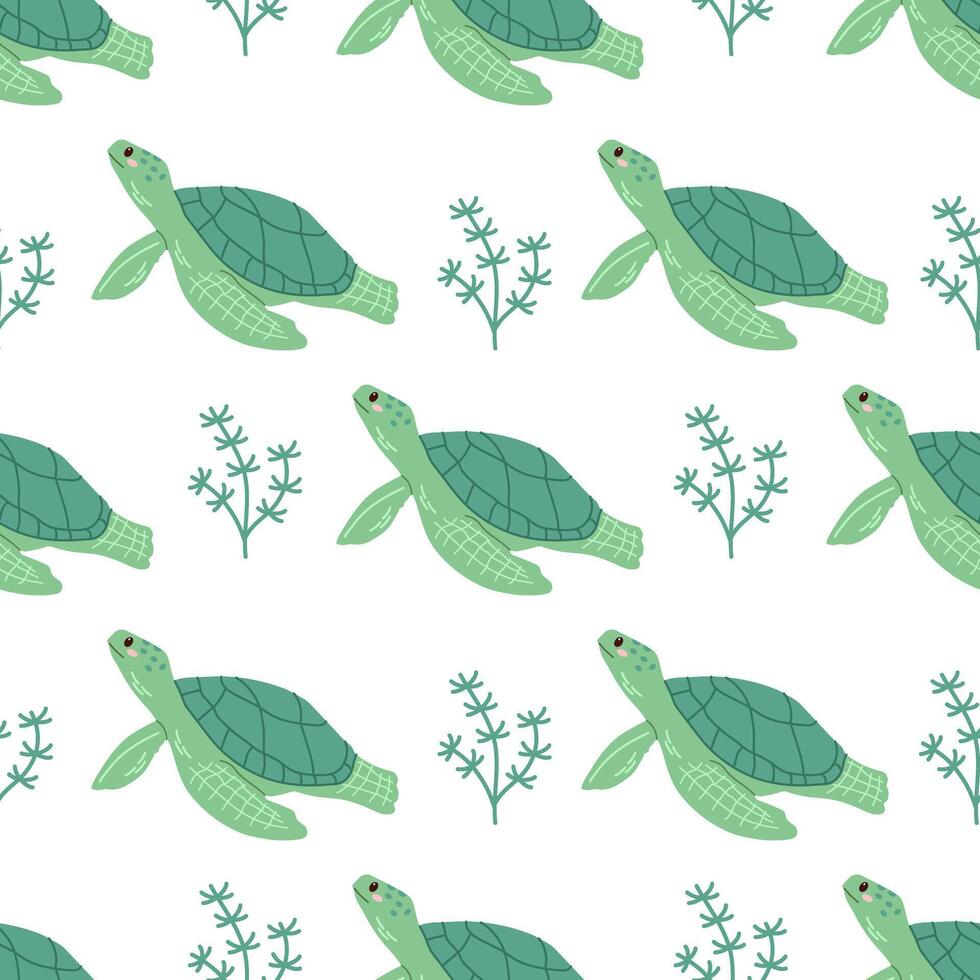 Cute hand-drawn colored marine green turtle, seamless pattern in flat style, ocean aquatic underwater kawaii vector. Vector cartoon illustration on white background.