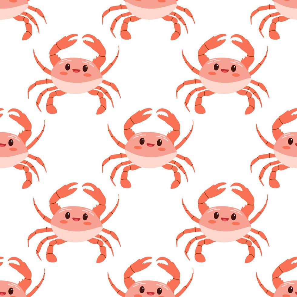 Cute hand-drawn colored marine crab, seamless pattern in flat style, ocean aquatic underwater kawaii vector. Vector cartoon illustration on white background.