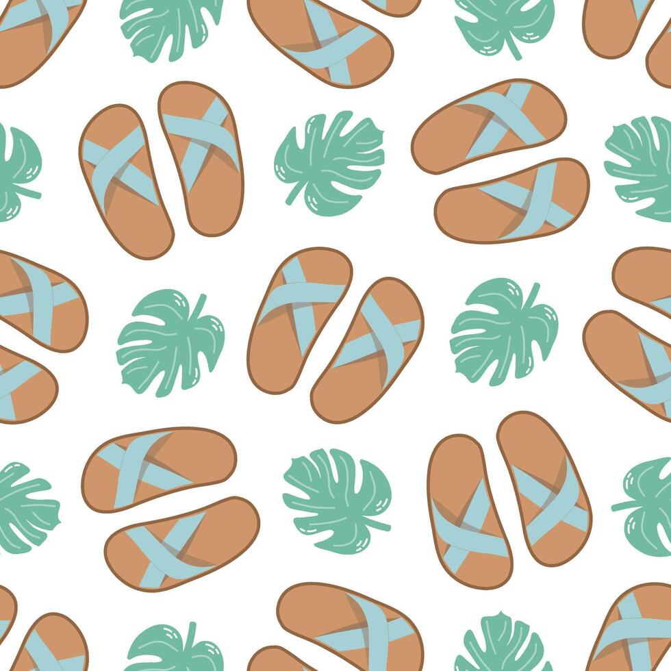 Cute hand drawn flip flops and plant leaf seamless pattern. Flat vector illustration. Doodle drawing.
