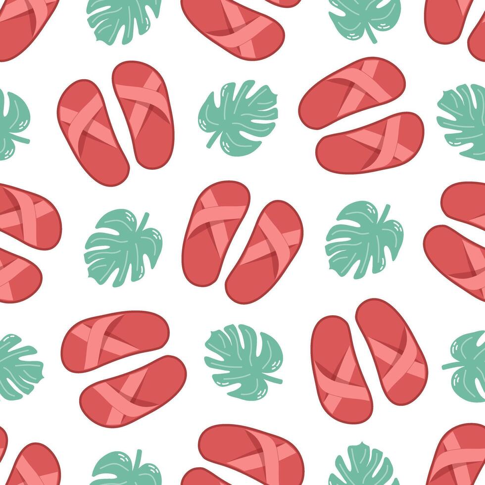 Cute hand drawn flip flops and plant leaf seamless pattern. Flat vector illustration. Doodle drawing.