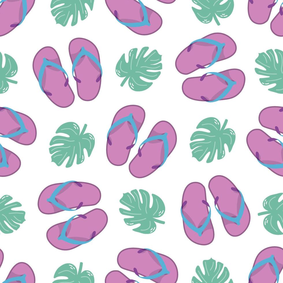 Cute hand drawn flip flops and plant leaf seamless pattern. Flat vector illustration. Doodle drawing.