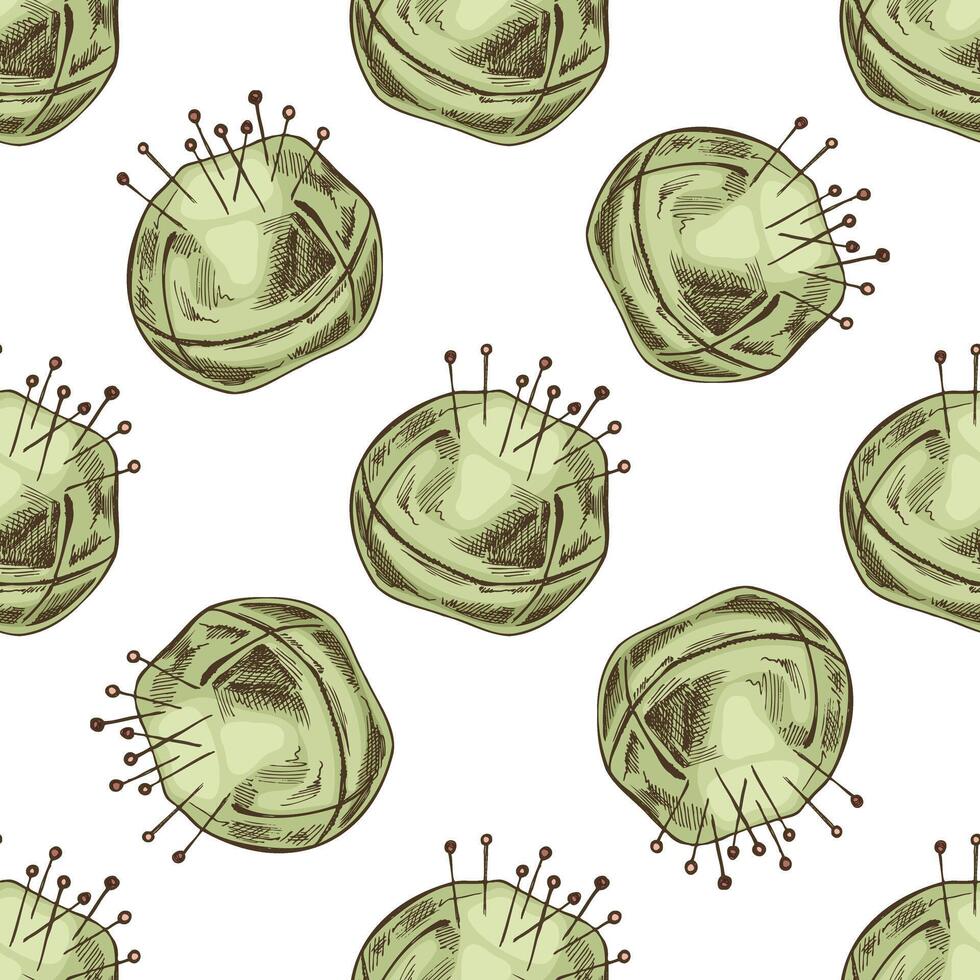 Seamless pattern of hand-drawn colored pincushion with needles and pins. Handmade, sewing equipment concept in vintage doodle style. Engraving style. vector
