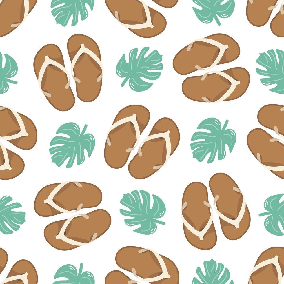 Cute hand drawn flip flops and plant leaf seamless pattern. Flat vector illustration. Doodle drawing.