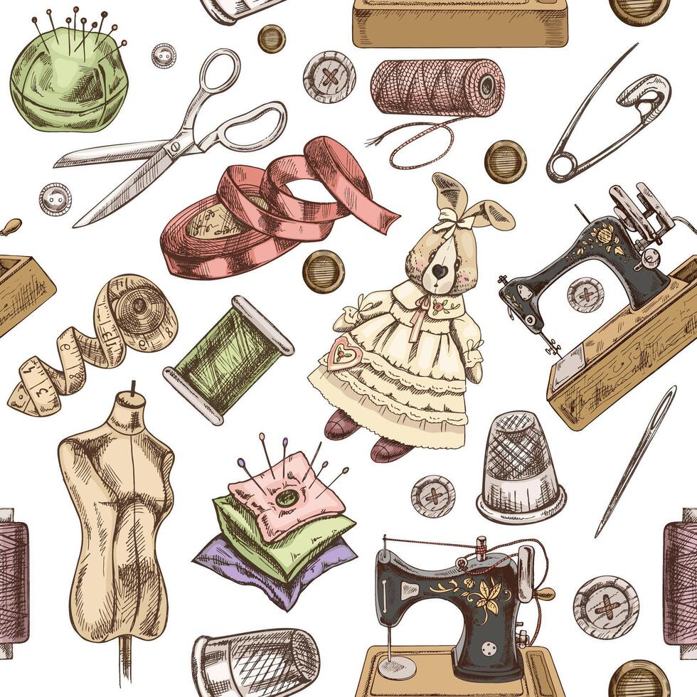 Seamless pattern of hand-drawn colored sewing elements. Vector illustrations in sketch style. Handmade, sewing equipment concept in vintage doodle style. Engraving style.