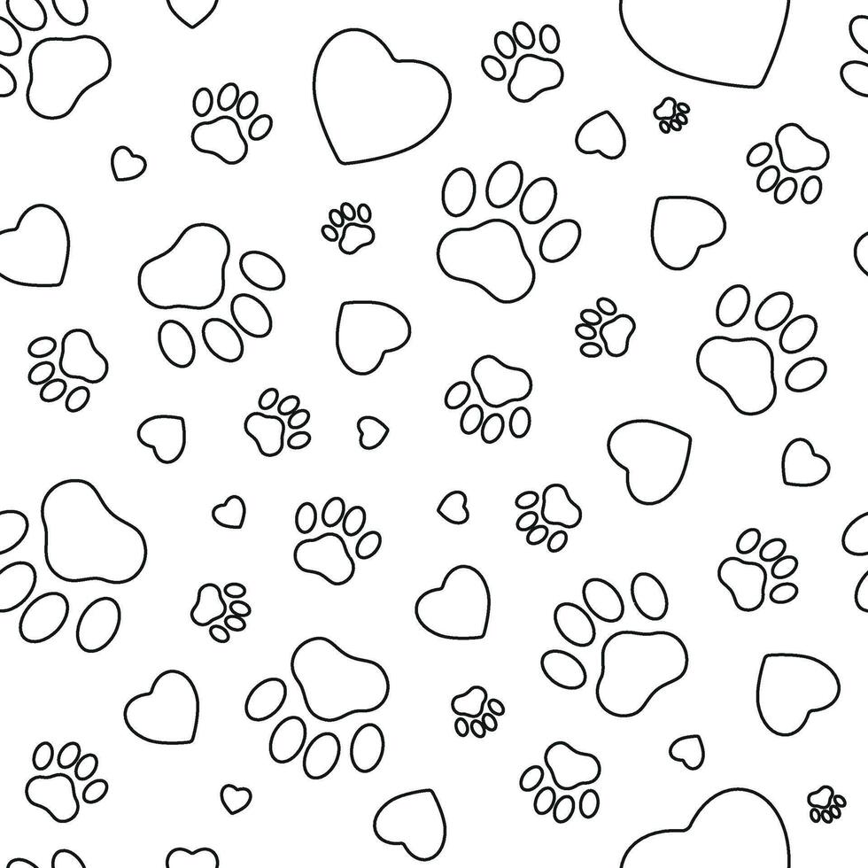 Black paw patterns with hearts on a white background vector