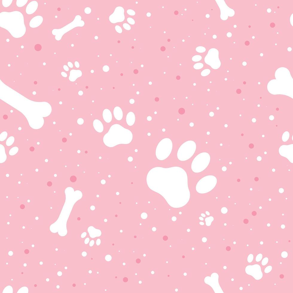 White pattern of paws and bones on a pink background with dots vector