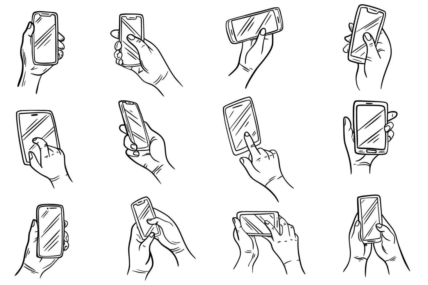 set of hands holding smartphone vector illustration. Ink pen drawing, technology. Business concept