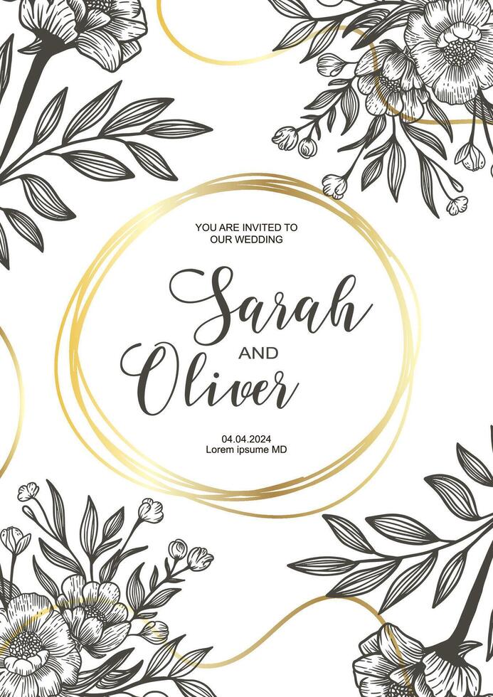 Floral wedding invitation. Floral design with gold vector