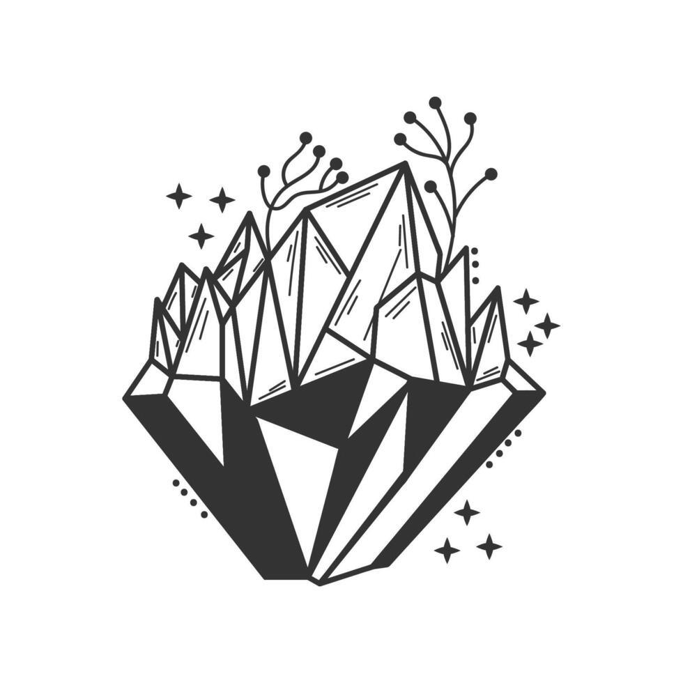 Crystal icon with branches and stars, illustration isolated on white background. vector