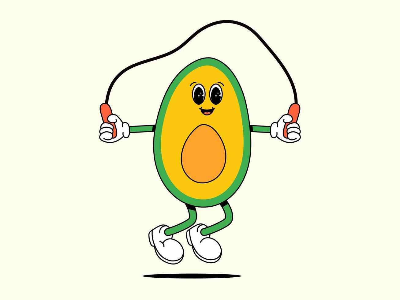 Sport Avocado jumps rope. Character of Healthy food. Retro Vector illustration