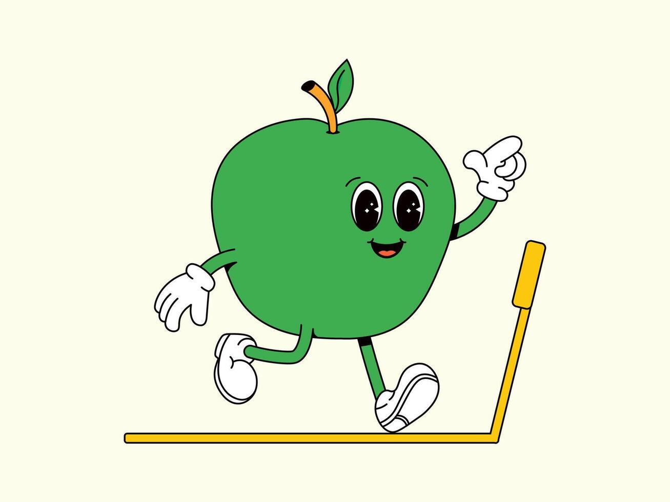 deporte manzana en el rueda de andar. verde ranura vegetal. personaje de sano alimento. retro vector ilustración