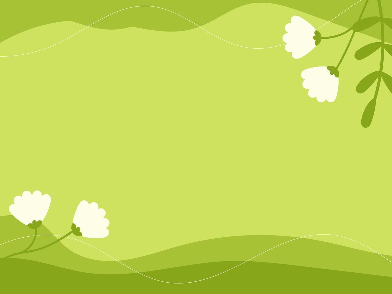 Green Abstract background with copy space and flowers. Hand drawn spring Template. Vector illustration